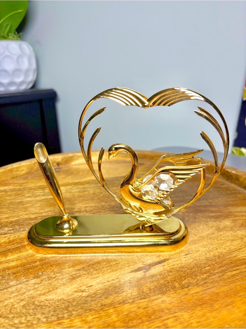 VTG Austrian Crystal Mascot Int'l 24kt Gold Plated Swan Figurine Pen Holder 1992